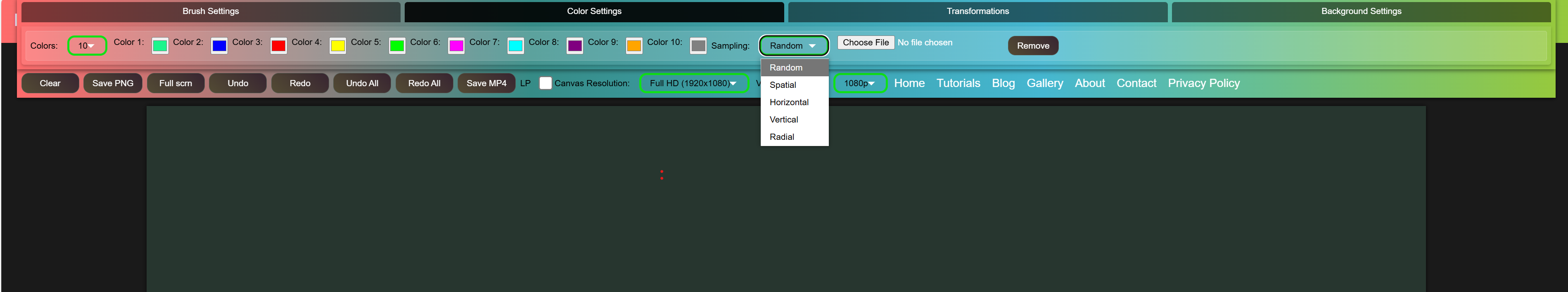 Color settings in the toolbar